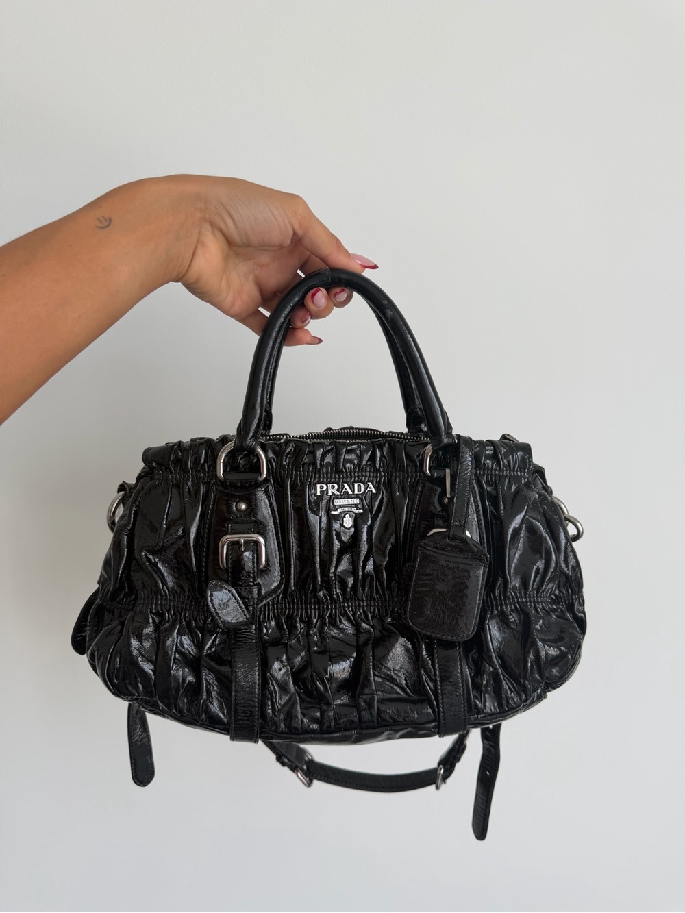 Prada Black Patent Leather Gaufre Ruched Satchel Shoulder Bag